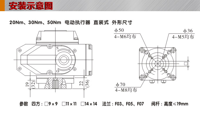 電動執(zhí)行機(jī)構(gòu),YTDG-RKB50電動執(zhí)行器,電動頭安裝示意圖