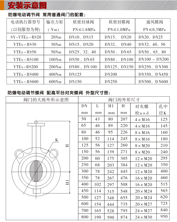 防爆電動蝶閥,YTEx-RS防爆電動調(diào)節(jié)蝶閥安裝示意圖