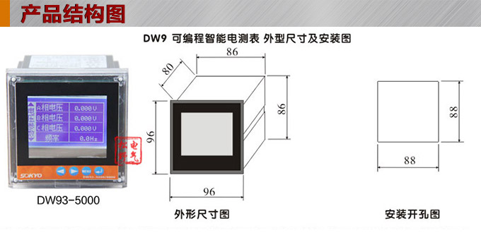 三相多功能表,DW93-5000多功能電力儀表結構圖