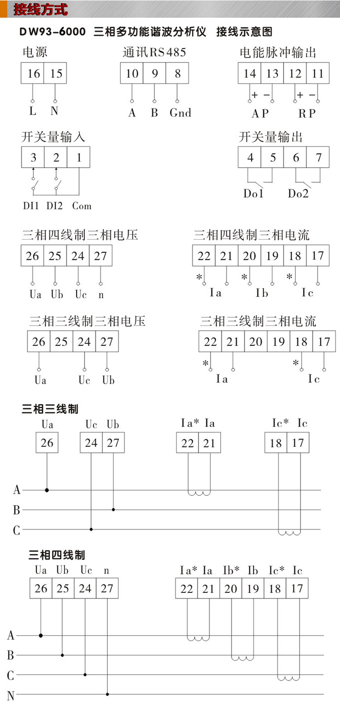 網(wǎng)絡(luò)電力儀表,DW123-6000多功能諧波表接線圖