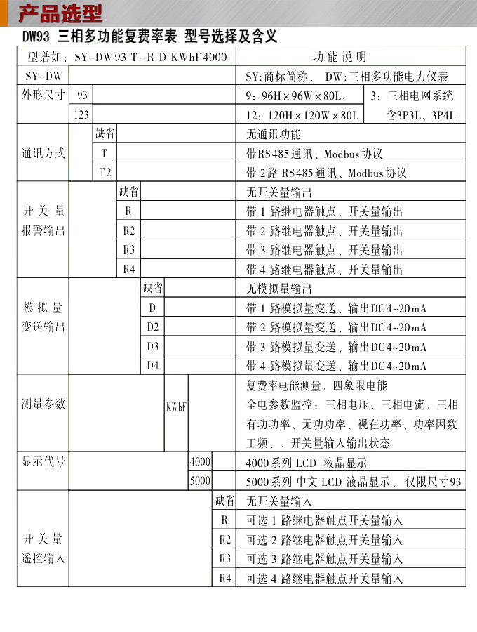 網(wǎng)絡(luò)電力儀表,DW93-4000多功能復(fù)費(fèi)率表選型圖