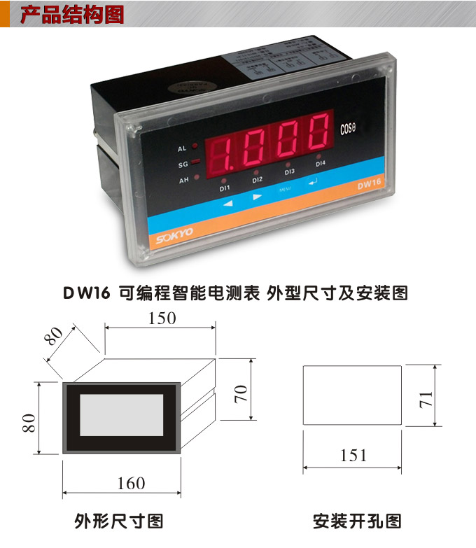 數(shù)字功率因數(shù)表，DW16單相功率因數(shù)表產(chǎn)品外形結構圖