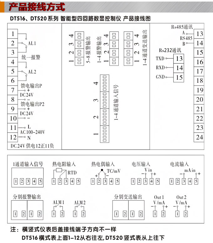 數(shù)顯控制儀，DT520智能四回路數(shù)顯表，多回路巡檢控制儀接線方式