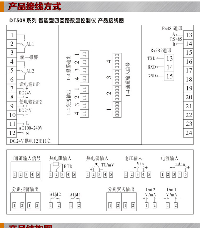 數(shù)顯控制儀，DT516智能四回路數(shù)顯表，多回路巡檢控制儀接線方式