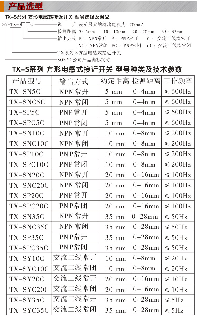 電感式接近開關,TX-S方型接近開關產(chǎn)品選型