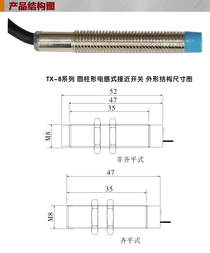 電感式接近開關(guān),TX-8圓柱形接近開關(guān)結(jié)構(gòu)圖